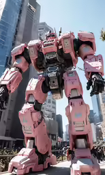 a giant pink robot statue on the street