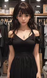 a woman with a dress in front of a clothing rack