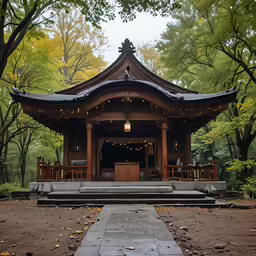a shrine with steps and table in front of it