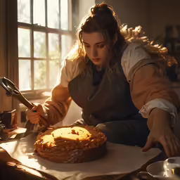 a woman is preparing to serve a large baked dessert