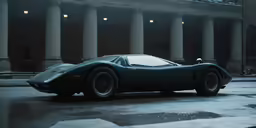 the car is parked near a big column