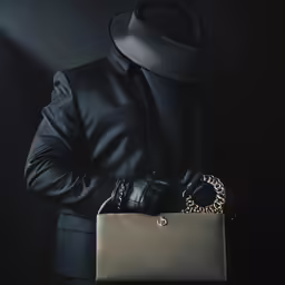 a man wearing a black outfit holding a purse and hat