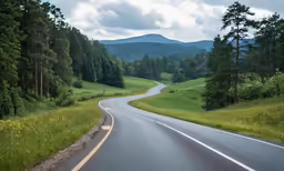 a curved road with trees and grass on either side