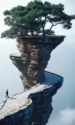 a person walking along a stone wall with an tree on top