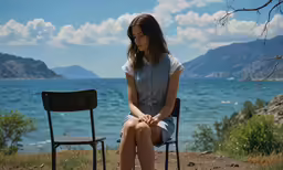 a woman sits on a beach next to a chair