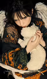 an asian model with dark hair holding a teddy bear
