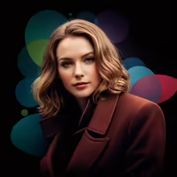 a woman with blonde hair is wearing a coat and has dark eyes