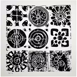 a black and white print with an abstract pattern,a black and white painting with different shapes