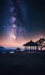 a gazebo surrounded by stars and trees on a hilltop