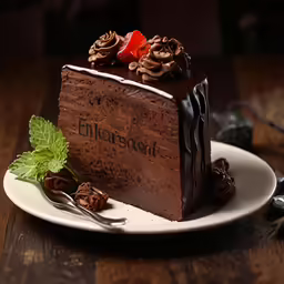 a chocolate cake sitting on top of a white plate