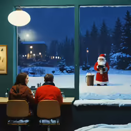 man and woman sitting at a dining table while looking out the window with a snowman displayed outside