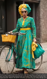 the woman is walking her bike with several baskets on it