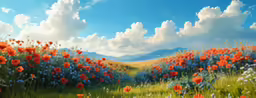a field full of red and white flowers under a blue sky with clouds
