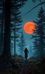a person in a black coat walking along a forest road under a full red moon