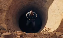 a man with a hat walks inside of a pipe