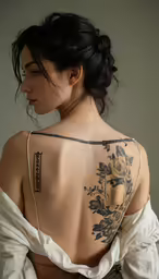 a woman with a tattoo and dress sitting down