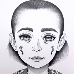 the face and upper lip of a woman with a nose piercing,black and white pencil drawing of a woman,a drawing of a young woman with earrings and piercing,a drawing of a woman with very big eyes,drawing of a woman