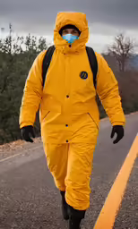 a person with a mask and coat walking down the road