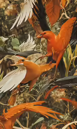two orange birds perched on different kinds of trees