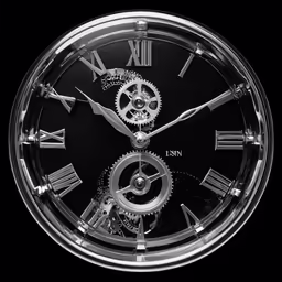 a transparent watch has two gears at the bottom