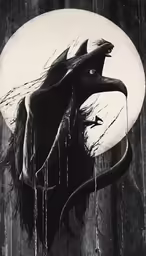 a black and white photo of a bird with blood dripping from its eyes