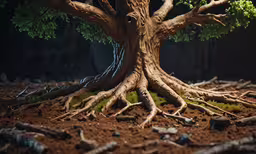 the inside of a tree with a lot of roots,a tree is sitting on a muddy soil covered ground