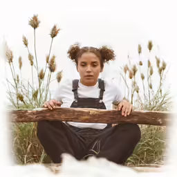 a woman sitting on a log with a flower arrangement on the head