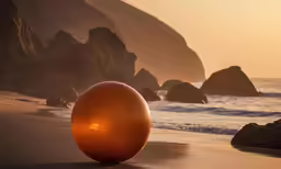 an orange sitting on a beach near the ocean