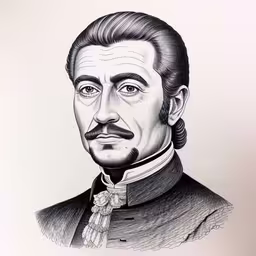 a black and white drawing of an older man with hair in a ponytail,an etching portrait of james garfield,the drawing depicts the portrait of the man in uniform,a drawing of abraham lincoln by david f smith,a drawing of a man with long hair and a mustache