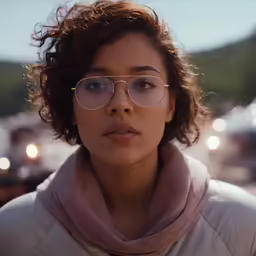 a woman in glasses standing on the street