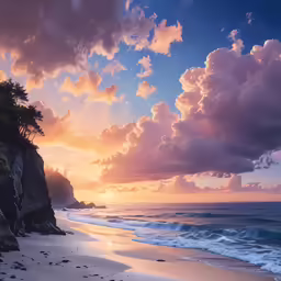 the sunset is seen on the beach near the cliff