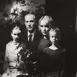 a man is standing with two children and a camera