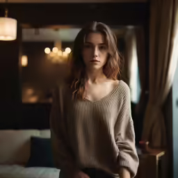 a young woman posing with her arms folded up in a sweater