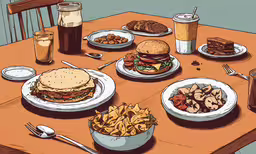 an image of a table that is set up with plates and bowls of food,an image of a table full of food