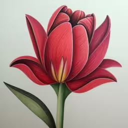 the large red flower has very sharp green stems,a drawing of a red flower that is growing,a painting with a pencil on the edge of it,a drawing of a flower with large leaves,a drawing of a flower is on display