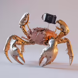 a robot crab holding onto a tiny camera