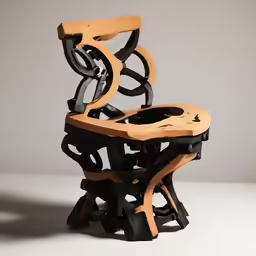 a modern wooden chair sits on a white table