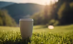 a coffee cup in the grass with the sun shining behind it