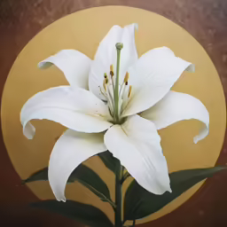 a white flower sitting in front of a circular painting