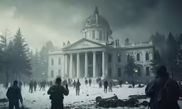 a large building with people standing in front of it