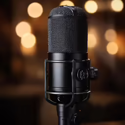 a black microphone and the light coming from above the photo