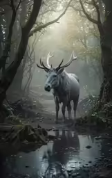 a horned white bull standing in front of water and forest
