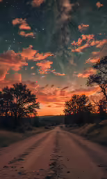 a dirt road runs into the distance with a sunset in the background