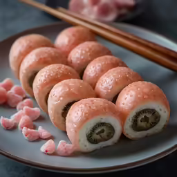 sliced doughnuts in the middle of a plate with chopsticks