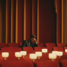 a man sitting in a theater on his phone