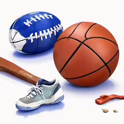 three sports items including a basketball, a shoe, and a baseball