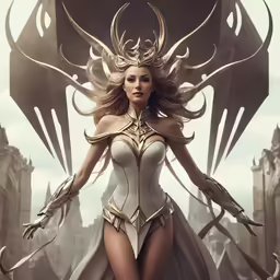 a woman with long hair and white lingerie wearing a gold outfit