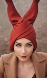 a woman with an upside down hairdo and an orange jacket