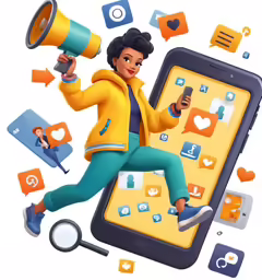 a woman using a megaphone surrounded by social media icons