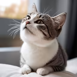a cat sitting on top of a bed looking up